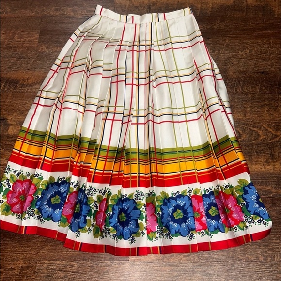 J. Crew Women's Pleated Midi Skirt with Floral Border - Red Yellow Moss Size 00 - Picture 2 of 4